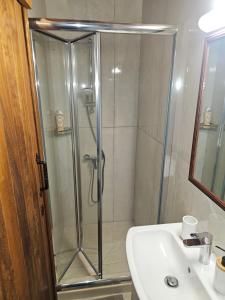 a shower with a glass door next to a sink at Katerinas Sweet Place studio 1 in Tsadha