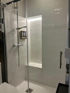 a shower with a glass door in a bathroom at Mirada Do Roxo in Oia +49 photos