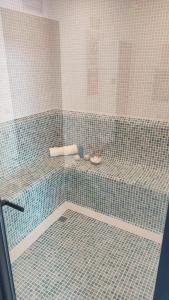 a bathroom with a shower with a blue tiled floor at Monoambiente Edificio In towers, Santa Cruz, Urubo in Santa Cruz de la Sierra