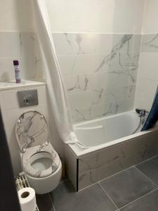 a white bathroom with a toilet and a bath tub at maison entiere clairac 3 chambres in Clairac +7 photos