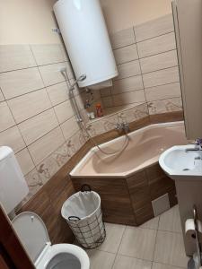 a bathroom with a tub and a toilet and a sink at La Casa De Nido-Tágas családias apartman 6 főig, kerttel in Veszprémfajsz +30 photos