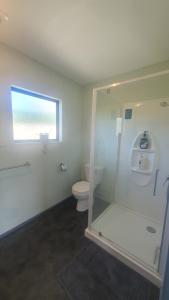 a bathroom with a toilet and a glass shower at The green Room in Mangawhai