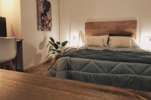 a bedroom with a large bed with a wooden headboard at ORIGEN Centro Monoambiente in El Bolsón