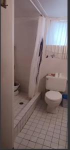 a white bathroom with a toilet and a shower at Sweet home away in Hamilton