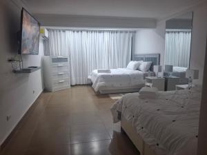 a bedroom with two beds and a dresser at Spacious Condo with 2 queen beds in Sosua walking distance from everything in Sosúa