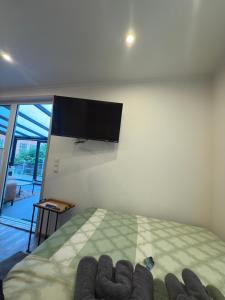 a bedroom with a bed with a flat screen tv on the wall at Möwenhaus in Emden +7 photos
