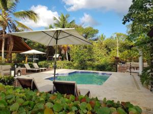 a swimming pool with an umbrella and chairs and a patio at Family Villa at Las Galeras, Samaná in Las Galeras