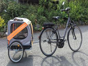 a bike parked with a cart attached to it at Ruhiger Bungalow am Hennesee mit Terrasse 