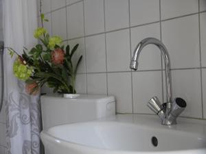 ein Waschbecken mit einer Blumenvase darauf in der Unterkunft Pet-Friendly Bungalow in Warmenhuizen + 32 Fotos
