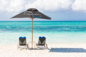 Kokomo Botanical Resort - Caribbean Family Cottages في ترتل كوف: كرسيين ومظلة على شاطئ