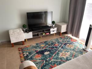 a living room with a flat screen tv and a rug at Condominio Nuevo Lantaño Chillán in Chillán +3 photos