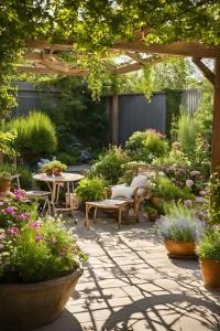 a garden with tables and chairs and a pergola at The Cambridge in Warrane