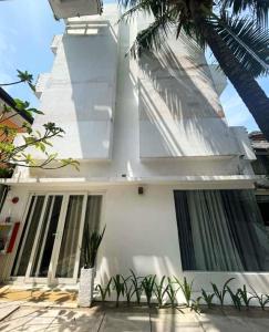 ボラカイにあるVentoso Hotel Boracayのヤシの木が目の前に広がる白い家