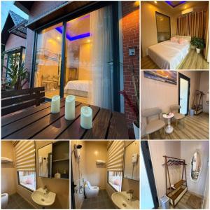 a collage of pictures of a bedroom and a bathroom at Hoàng Gia Villa in Ninh Hải