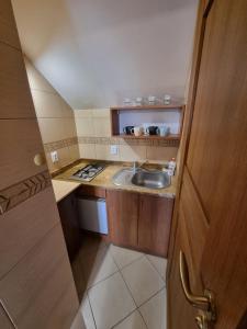 a small kitchen with a sink and a stove at Apartament Złota Rybka Stegna in Stegna