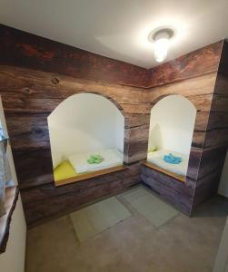 two beds in a room with wooden walls at Ferienwohnung Alter Stall Burg in Burg
