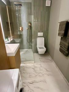 a bathroom with a sink and a toilet and a shower at Olive&Air Haven in Cluj-Napoca