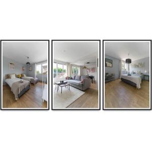 three pictures of a living room and a bedroom at Le Raymond - Appartement proche du centre sportif, des rives de l'Allier et du centre-ville - parking in Vichy