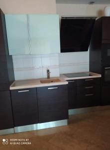 a kitchen with black cabinets and a sink at Riga Centra Nams in Rīga