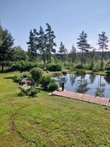 a garden with a brick walkway next to a pond at Hõbesoo Puhkekeskus in Lepiku