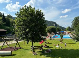 a group of people sitting in the grass near a pool at Sacasa in Langenbruck