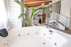 a bath tub with a plant in a bathroom at הפנינה הרומנטית - 2 צימרים מושלמים עם בריכה משותפת in Oshrat +42 photos