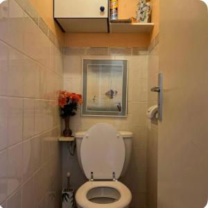 a bathroom with a toilet with a vase of flowers at Belle chambre chez Zoa in Noisiel