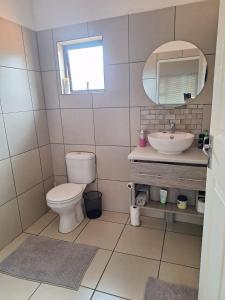 een badkamer met een wastafel, een toilet en een spiegel bij Oppieplaas in Alldays +25 foto's