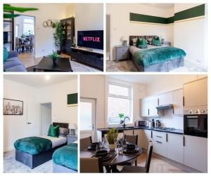 ハイドにあるTwo Bedroom House By Brookland Stays Serviced Accommodation Short Lets Manchester With Free WiFiのキッチンとリビングルームの写真のコラージュ