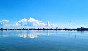 a large body of water with a dock with boats at Nida Amber in Nida