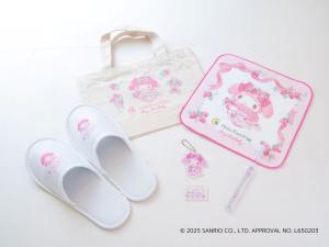 a pair of sandals and a bag with hello kitty stickers at Hotel Plaza Kobe in Kobe