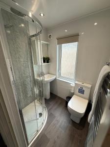 a bathroom with a shower and a toilet and a sink at Charles Street House in Redcar +22 photos