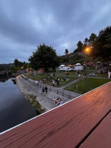 a group of people sitting on the grass next to a river at appartement 2 chambres,1 salon avec cuisine in Saint Lo +60 photos