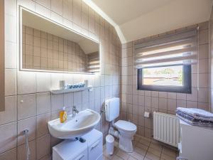 un bagno con lavandino, WC e specchio di La Casa Ferienwohnung Strandweg a Steinberg