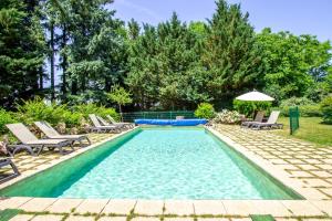 a swimming pool with chairs and an umbrella at Domaine du Puech Malou in Teillet
