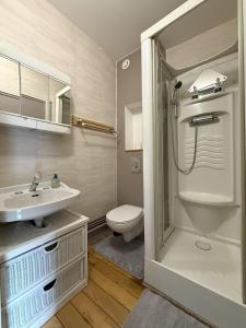 ein Badezimmer mit Toilette, Waschbecken und Dusche in der Unterkunft Maison au cœur d Orgelet in Orgelet