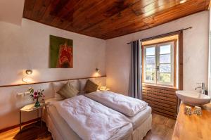 a bedroom with a large bed and a sink at Chambres d'hôtes le Clou in Thiézac