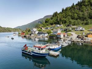 un grupo de barcos atracados en un cuerpo de agua en Holiday Home Indresfjord by Interhome, en Åse