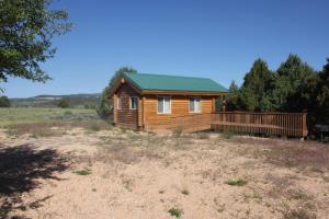 a log cabin with a green roof in a field at Sevier River Ranch & Cattle Company in Hatch