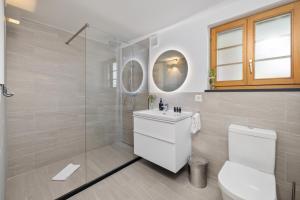 a bathroom with a toilet and a glass shower at Chalet Les Crus in Riddes +7 photos
