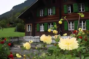 una casa di legno con dei fiori davanti di Haus in Lütschental bei Grindelwald a Lütschental