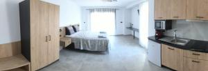 a kitchen with a bed and a sink in a room at Garden and Sea in Nikiti