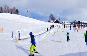 a group of people skiing down a snow covered slope at Ski, bike, hike & chill! in Sankt Kathrein am Hauenstein