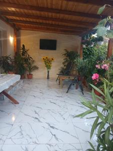 a patio with flowers and a tv on a wall at Vila Eduard in Mamaia Sat/Năvodari
