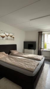 a bedroom with a large bed and a flat screen tv at Liseberg-Near Apt City Centre WOW Fest in Gothenburg