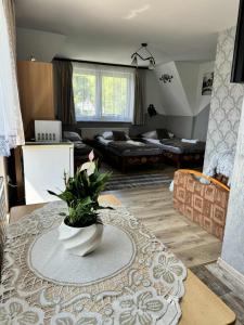 a living room with a vase of flowers on a table at Pokoje i Apartamenty Regionalny Styl ul Króle 1a Zakopane in Zakopane