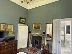 a living room with a fireplace and a tv at Limefield Mansion House in Livingston