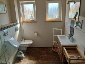 a bathroom with a toilet and a sink at "Hygge", ideal für E-biker und Kite-Surfer in Landkirchen +13 photos