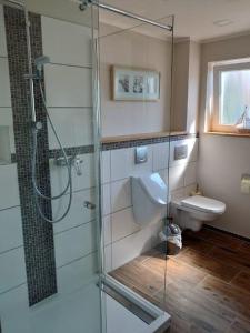 a bathroom with a toilet and a glass shower at "Hygge", ideal für E-biker und Kite-Surfer in Landkirchen