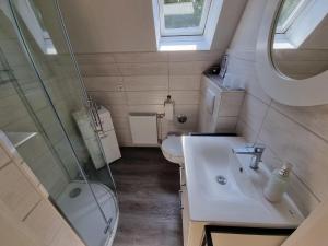 un bagno con wc, lavandino e doccia di "Ruheoase" a Fehmarn
